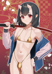 1boy akagi_kurage bikini black_hair bulge closed_mouth commentary_request cowboy_shot gold_bikini highres holding holding_sword holding_weapon horns jacket long_sleeves looking_at_viewer male_focus navel original pointy_ears puffy_long_sleeves puffy_sleeves red_eyes sheath sheathed short_hair skin-covered_horns solo string_bikini swimsuit sword trap weapon