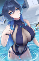 2girls absurdres alarm_clock blue_eyes blue_hair breasts brulee cleavage clock commentary cosplay english_commentary gigi_murin hat highres hololive hololive_english kronie_(ouro_kronii) large_breasts long_hair looking_at_viewer multiple_girls one-piece_swimsuit ouro_kronii outdoors perfume_(takanashi_kiara) pool poolside see-through_clothes see-through_one-piece_swimsuit solo_focus swimsuit takanashi_kiara takanashi_kiara_(cosplay) top_hat virtual_youtuber wading