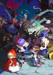 6+girls animal_ears animal_feet animal_print anita_(darkstalkers) arthropod_girl ass_cutout bat_(animal) bat_print bee_costume bee_girl black_leotard black_sclera black_skirt blonde_hair blue_hair blue_leotard body_fur braid breasts bridal_gauntlets brown_hair b.b._hood candle cat_ears cat_girl cat_tail chinese_clothes cleavage cleavage_cutout clothing_cutout colored_sclera cutout_above_navel dark-skinned_female dark_skin demon_girl demon_wings doll felicia_(darkstalkers) flower fur_trim green_hair head_wings heart_cutout highleg highleg_leotard highres holding holding_doll hood hood_up insect_girl jiangshi large_breasts hsien-ko leotard lilith_(darkstalkers) long_hair looking_at_viewer low_wings medium_hair morrigan_aensland multiple_girls nishimura_kinu official_art pantyhose print_pantyhose purple_hair purple_leotard q-bee red_hood red_leotard rose second-party_source short_hair skirt sleeping tail twin_braids darkstalkers watermark white_fur wings