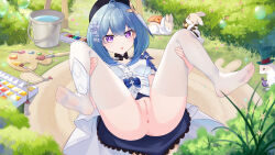 1girl :o absurdres ahoge anus ass ass_focus beret black0322 breasts bucket bucket_of_water censored commentary_request dress flower grass griseo griseo_(starry_impression) hair_flower hair_ornament hat highres honkai_(series) honkai_impact_3rd m_legs marker mat mosaic_censoring no_panties no_shoes paint_palette paintbrush purple_eyes pussy short_hair small_breasts soles solo thighhighs white_dress white_rabbit_(animal) white_thighhighs