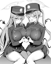 2girls absurdres alternate_breast_size blue_archive blush breasts commentary_request demon_girl demon_tail greyscale halo hat heart heart_hands heart_hands_duo high_ponytail highres hikari_(blue_archive) large_breasts long_hair metsu_end miniskirt monochrome multiple_girls nozomi_(blue_archive) pleated_skirt pointy_ears ponytail simple_background sitting skirt tail white_background