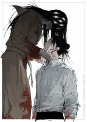 Rule 34 | 1boy, 1girl, bandaged hand, bandages, belt, black hair, blood, blood on clothes, blood on hands, brown coat, closed eyes, coat, covered face, cowboy shot, cursed spirit (jujutsu kaisen), dress shirt, extra eyes, feet out of frame, from side, getou suguru, hair bun, hand on another&#039;s cheek, hand on another&#039;s face, hand on another&#039;s neck, height difference, highres, horror (theme), jujutsu kaisen, kuchisake-onna, laoyepo, light smile, long hair, looking down, sharp teeth, shirt, shirt tucked in, simple background, sleeves rolled up, tall female, teeth, trench coat, white background, white eyes, white shirt