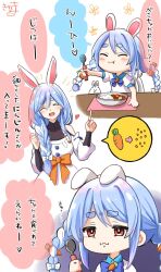 Rule 34 | 2girls, :d, :i, ^ ^, aged down, animal ear fluff, animal ears, arrow (symbol), blue hair, blush, bow, braid, brown bow, brown eyes, carrot hair ornament, closed eyes, closed mouth, collared dress, commentary request, curry, curry rice, don-chan (usada pekora), dress, ears down, food, food-themed hair ornament, hair between eyes, hair bow, hair ornament, hair over shoulder, hands up, heart, highres, holding, holding spoon, hololive, index finger raised, kiritoma, mother and daughter, multicolored hair, multiple girls, open mouth, pekomama, puffy short sleeves, puffy sleeves, rabbit-shaped pupils, rabbit ears, rice, short eyebrows, short sleeves, single braid, smile, spoon, symbol-shaped pupils, thick eyebrows, translation request, twin braids, twintails, two-tone hair, usada pekora, virtual youtuber, wavy mouth, white background, white bow, white dress, white hair