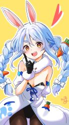 Rule 34 | 1girl, :d, animal ear fluff, animal ears, bare shoulders, black gloves, black leotard, blue hair, blush, bow, braid, breasts, brown eyes, brown pantyhose, carrot hair ornament, cleavage, commentary request, cowboy shot, detached sleeves, don-chan (usada pekora), dress, food-themed hair ornament, fur-trimmed dress, fur-trimmed gloves, fur trim, gloves, hair bow, hair ornament, hand up, head tilt, heart, highres, hololive, kiritoma, leotard, looking at viewer, multicolored hair, open mouth, outline, pantyhose, puffy short sleeves, puffy sleeves, rabbit-shaped pupils, rabbit ears, short eyebrows, short sleeves, small breasts, smile, solo, strapless, strapless dress, strapless leotard, symbol-shaped pupils, thick eyebrows, twin braids, twintails, two-tone hair, usada pekora, usada pekora (1st costume), virtual youtuber, white bow, white dress, white hair, white outline, white sleeves, yellow background