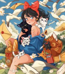 1girl absurdres animal artist_name baguette bird black_cat black_hair blue_eyes blue_sky blush bow bread broom broom_riding cat colored_sclera ear_piercing earrings flower food grass hair_bow highres holding holding_animal holding_cat jewelry kiki_(majo_no_takkyuubin) letter looking_at_viewer majo_no_takkyuubin medium_hair miahscat necklace outdoors piercing purple_eyes radio red_bow signature sky tree white_cat white_flower yellow_sclera