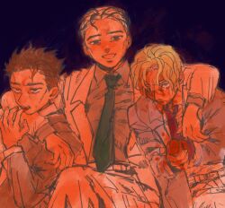 3boys black_background black_eyes black_hair blonde_hair blood blood_on_clothes blue_eyes crying diamond_wa_kudakenai finger_in_own_mouth hair_slicked_back jacket jojo_no_kimyou_na_bouken kawajiri_kosaku kira_yoshikage male_focus multicolored_hair multiple_boys multiple_persona necktie short_hair spiked_hair suit_jacket user_xjny2857 white_hair