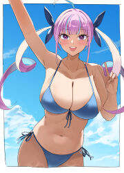 1girl :d absurdres ahoge alternate_costume aqua_hair arm_up bikini blue_bikini blue_ribbon blue_sky blunt_bangs breasts cleavage cloud colored_inner_hair commentary_request cowboy_shot day drill_hair fanged_bangs front-tie_bikini_top front-tie_top hair_ribbon hand_up highres hololive long_hair looking_at_viewer minato_aqua multicolored_hair navel open_mouth outdoors pink_hair purple_eyes ribbon side-tie sky smile solo stomach streaked_hair swimsuit tana_yaki teeth twin_drills twintails two-tone_hair upper_teeth_only v virtual_youtuber