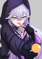 Rule 34 | 1girl, black hands, black jacket, body markings, breasts, choker, colored extremities, crossed bangs, demon girl, demon horns, demon wings, ear piercing, fangs, fate/grand order, fate (series), green eyes, grey hair, hair between eyes, hamao 1, highres, hood, horns, jacket, lilith (fate), lilith (first ascension) (fate), long hair, long sleeves, looking at viewer, low twintails, medium breasts, outstretched arm, piercing, smile, solo, tongue, tongue out, twintails, wings