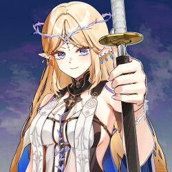 1girl black_collar blonde_hair blue_eyes breasts cartethyia_(wuthering_waves) closed_mouth collar commentary crown_of_thorns devil_may_cry_(series) devil_may_cry_5 drawing_sword earrings english_commentary foxyreine highres holding holding_sword holding_weapon jewelry katana long_hair looking_at_viewer medium_breasts necklace parted_bangs pointy_ears pose_imitation scabbard sheath sidelocks signature smile solo sword tabard tacet_mark_(wuthering_waves) unsheathing upper_body very_long_hair watermark weapon web_address white_tabard wuthering_waves yamato_(sword)
