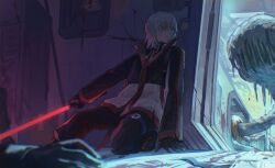 1girl apple black_gloves black_jacket black_pants black_sweater blue_eyes closed_mouth faust_(project_moon) food fruit gauze gauze_over_eye gloves golden_apple_(project_moon) hallway highres holding holding_weapon indoors jacket limbus_company maggot pants project_moon shiqicheng solo sweater weapon white_hair