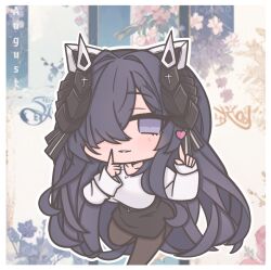 Rule 34 | 1girl, ai-assisted, ai-generated background, alternate costume, artist name, august von parseval (azur lane), azur lane, black bow, black horns, black pantyhose, black skirt, blue eyes, blue hair, blurry, blurry background, border, bow, breasts, character name, chibi, chibi only, collarbone, commentary, cross, curled horns, feet out of frame, finger to mouth, flower, futaba (anti clockwise), hair intakes, hair ornament, hair over one eye, hair spread out, heart, highres, horns, index finger raised, large breasts, long hair, looking at viewer, mechanical horns, one eye covered, pantyhose, parted lips, pencil skirt, shirt, shushing, skirt, smile, standing, standing on one leg, symbol-only commentary, toes, very long hair, white border, white shirt