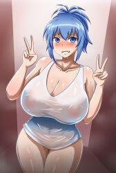 1girl bare_shoulders blue_eyes blue_hair blush breasts cleavage cowboy_shot dot_nose double_v female_focus genderswap genderswap_(mtf) grin highres kampfer kuro-bee large_breasts looking_at_viewer nervous_smile senou_natsuru shiny_clothes shiny_skin shirt short_hair simple_background smile solo standing sweat taut_clothes taut_shirt thick_thighs thighs v white_shirt wide_hips