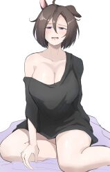 Rule 34 | 1girl, ahoge, air groove (umamusume), animal ears, bed, black shirt, blanket, breasts, brown hair, cleavage, collarbone, commentary request, hair between eyes, highres, horse ears, horse girl, horse tail, large breasts, long sleeves, messy hair, miya nns35, on bed, parted lips, purple eyes, shirt, short hair, sitting, sleepy, solo, tail, umamusume, yokozuwari