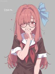 1girl dress glasses heart highres kotonoha_akane looking_at_viewer open_mouth pink_hair round_eyewear semicolonize shy solo voiceroid