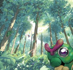 animal_focus butterfree caterpie commentary day english_commentary flying forest gen_1_pokemon gen_2_pokemon highres metapod nature nintendo no_humans outdoors pichu pokemon pokemon_(creature) pokemon_focus pokemon_rgby pponituc silk solo_focus tree viridian_forest