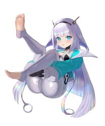 1girl :p absurdres ace_(shadowverse) barefoot blue_eyes feet highres light_blush long_hair looking_at_viewer shadowverse soles toeless_legwear toes tongue tongue_out white_hair yi_lucid