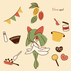 blush candy cocoa_bean cookie cooking_pot crossed_legs food full_body gen_3_pokemon granulated_sugar green_hair heart heart-shaped_cookie heart-shaped_food kirlia lollipop looking_at_viewer nintendo orange_eyes pokemon pokemon_(creature) satsumapotato smile solo string_of_flags