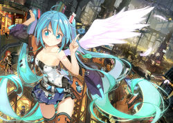 2boys 4girls ahoge aqua_eyes aqua_hair beek breasts city cleavage feathers gradient_hair hatsune_miku highres index_finger_raised kagamine_len kagamine_rin kaito_(vocaloid) long_hair megurine_luka meiko_(vocaloid) multicolored_hair multiple_boys multiple_girls necktie single_wing skirt smile tattoo thighhighs twintails very_long_hair vocaloid wings