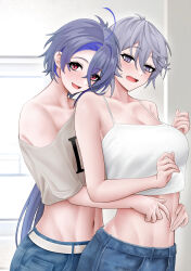 2girls :d absurdres ahoge alternate_costume azur_lane banba_(jakqbigone) bare_shoulders bellona_(azur_lane) blush breasts camisole casual cleavage collarbone colored_inner_hair commentary_request cowboy_shot crop_top crossed_bangs denim foch_(azur_lane) grey_hair grey_shirt groin hair_between_eyes hands_on_another&#039;s_waist highres indoors jeans large_breasts looking_at_viewer medium_breasts midriff multicolored_hair multiple_girls navel off-shoulder_shirt off_shoulder open_mouth pants purple_eyes purple_hair shirt short_hair sidelocks smile spread_navel standing sweatdrop two-tone_hair white_camisole