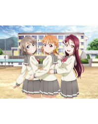 3girls :d ahoge artbook blue_eyes blue_sky blush bow bowtie braid day grey_hair grey_sailor_collar grey_skirt grin hair_bow hair_ornament hairclip highres holding_hands long_hair long_sleeves looking_at_viewer looking_back love_live! love_live!_sunshine!! miniskirt multiple_girls non-web_source official_art open_mouth orange_hair outdoors pleated_skirt red_bow red_bowtie red_eyes red_hair sailor_collar sakurauchi_riko school_uniform serafuku shirt short_hair skirt sky smile standing takami_chika uranohoshi_school_uniform watanabe_you winter_uniform yellow_bow yellow_eyes