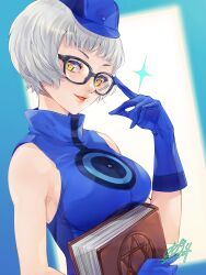 1girl adjusting_eyewear bare_shoulders black-framed_eyewear blue_dress blue_gloves blue_hat bob_cut book breasts commentary_request dated dress elizabeth_(persona) glasses gloves grey_hair hat highres holding holding_book index_finger_raised lips looking_at_viewer medium_breasts parted_lips persona persona_3 pink_lips qoo1234 short_hair signature sleeveless sleeveless_dress smile solo yellow_eyes