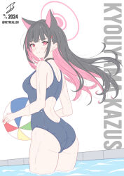 1girl absurdres alternate_costume alternate_hair_length alternate_hairstyle animal_ears ass back ball beachball black_choker black_hair blue_archive blue_one-piece_swimsuit blunt_bangs blush breasts bright_pupils casual_one-piece_swimsuit cat_ears cat_girl choker closed_mouth colored_inner_animal_ears colored_inner_hair commentary cowboy_shot extra_ears eyelashes floating_hair from_behind hair_behind_ear hair_ornament hairclip halo highres holding holding_ball holding_beachball kazusa_(blue_archive) long_hair looking_at_viewer looking_back medium_breasts multicolored_hair one-piece_swimsuit pink_hair pink_halo pool realen red_eyes sidelocks signature simple_background smile solo split_mouth swimsuit twitter_username two-tone_hair wading water wet white_background