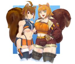 2girls animal_ears bare_shoulders big_rock blazblue breast_press breasts brown_hair crop_top crossover green_eyes jacket large_breasts long_sleeves makoto_nanaya marvel marvel_rivals microskirt multiple_girls short_hair shorts skirt sleeveless squirrel_ears squirrel_girl_(marvel) squirrel_girl_(marvel_rivals) squirrel_tail tail underboob