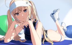 1girl 3d :| akehi_yuki ass ball black_leotard blonde_hair blurry blurry_background buckle closed_mouth commentary_request exercise_ball expressionless full_body grey_eyes harness head_rest highleg highleg_leotard interlocked_fingers leotard long_hair looking_at_viewer lying miyo_(akehi_yuki) on_stomach original own_hands_together shoe_soles shoes snap-fit_buckle sneakers solo thigh_strap thighs twintails very_long_hair visor_cap white_shoes yoga_mat