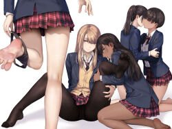 5girls barefoot black_panties black_pantyhose blazer blonde_hair blue_eyes blue_jacket bow bowtie brown_eyes brown_hair collared_shirt commentary_request hand_on_another&#039;s_thigh highres jacket kiss kneeling long_hair multiple_girls original panties panties_around_one_ankle panty_pull pantyhose parted_lips plaid_clothes plaid_skirt pleated_skirt red_bow red_bowtie red_skirt school_uniform shirt short_hair simple_background skirt soles spread_legs sweater_vest takekawa_shin toes underwear white_background white_shirt yellow_sweater_vest yuri