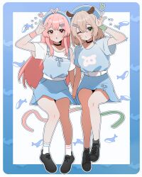 2girls =_hair_ornament \m/ alternate_costume animal_background animal_ears animal_print antenna_hair arm_at_side arm_up bare_legs belt beret black_choker black_shoes blue_border blue_dress blue_hat border borrowed_character brown_hair choker commentary dotted_background double-parted_bangs dress expressionless fish_print friends full_body green_eyes hair_ornament hairpin halftone hana20000920 hat heart highres indie_virtual_youtuber invisible_chair long_hair looking_at_viewer medium_hair multiple_girls multiple_hairpins mumble_(shachimu) nimi_nightmare one_eye_closed original outline overall_skirt parted_lips pink_eyes pink_hair rounded_corners shirt shoes short_dress short_sleeves side-by-side sitting socks straight_hair suspenders symbol-only_commentary t-shirt tapir_ears tapir_girl whale whale_print white_background white_belt white_outline white_shirt white_socks wristband