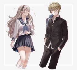 Rule 34 | 1boy, 1girl, absurdres, bag, black hairband, black jacket, black pants, black sailor collar, black skirt, blonde hair, blue neckerchief, buttons, contemporary, female corrin (fire emblem), fire emblem, fire emblem fates, gakuran, hairband, hand in pocket, highres, jacket, kneehighs, leo (fire emblem fates), long hair, long sleeves, neckerchief, nintendo, pants, pointy ears, red eyes, sailor collar, school bag, school uniform, serafuku, shirt, short hair, simple background, skirt, sobasakuhin, socks, thighs, untucked shirt, white background, white socks