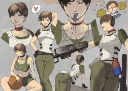 Rule 34 | 1girl, ass, ball, basketball (object), blue eyes, breasts, cheerleader, choker, female focus, grey background, gun, kiyotsugu nic, large breasts, medium breasts, poses, rebecca chambers, red choker, resident evil, solo, weapon