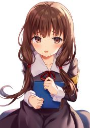 1girl armband black_dress blush brown_eyes brown_hair collarbone collared_dress commentary_request dress female_focus highres holding iino_miko kaguya-sama_wa_kokurasetai_~tensai-tachi_no_renai_zunousen~ long_hair long_sleeves looking_at_viewer low_twintails neck_ribbon open_mouth red_ribbon revision ribbon safety_pin school_uniform shuuchiin_academy_school_uniform simple_background solo sweat tears trembling twintails very_long_hair white_background yuusa