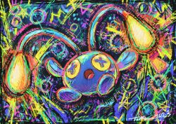 :o absurdres animal_focus antennae blue_pupils bubble chinchou cross-shaped_pupils dated electricity fins fish gen_2_pokemon glowing highres irischroma mixed-language_commentary multicolored_background nintendo no_humans open_mouth pokemon pokemon_(creature) pokemon_focus psychedelic solo star_(symbol) symbol-shaped_pupils yellow_eyes