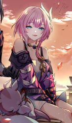 Rule 34 | adversarial noise, animal, animal on lap, autumn leaves, bare shoulders, blue eyes, breasts, chimera (honkai: star rail), coat, commentary, cyrene (honkai: star rail), dress, falling leaves, grey hair, hair ornament, honkai: star rail, honkai (series), jewelry, leaf, medium hair, necklace, om rm1101, on lap, orange sky, outdoors, parted lips, pink hair, purple coat, sitting, sky, small breasts, stelle (honkai: star rail), trailblazer (honkai: star rail), white dress