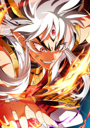 Rule 34 | 1boy, armor, blue background, commentary request, dasaku1028, dirty, dirty face, dragon quest, dragon quest dai no daibouken, fingernails, fire, floating hair, gradient background, grin, highres, horns, long fingernails, long hair, looking down, male focus, pants, pointy ears, red background, red eyes, sharp fingernails, smile, solo, triclops, vearn, white hair, white pants, yellow horns