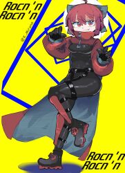 1girl 7-mirano adapted_costume black_bodysuit bodysuit bow cape cloak hair_bow highres latex latex_bodysuit long_sleeves looking_at_viewer red_cape red_cloak red_eyes red_hair ribbon-trimmed_bow ribbon_trim rock_&#039;n&#039;_rock_&#039;n&#039;_beat sekibanki short_hair skin_tight solo touhou two-sided_cape two-sided_fabric two-tone_cape zipper
