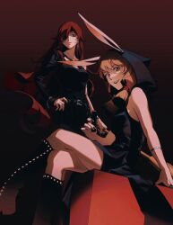 2girls belt black_dress black_hoodie black_pants black_shirt boots brown_eyes brown_hair closed_mouth crossed_legs dress hood hoodie hwa_ryun kemonomimi_mode lipstick long_hair looking_at_viewer makeup multiple_girls open_mouth pants patch rabbit_ears red_eyes red_hair serious shancunyinian shirt sitting smile tower_of_god twintails very_long_hair xia_xia_(tower_of_god)
