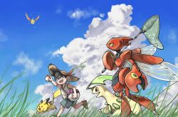 Rule 34 | 1990s (style), 1boy, :d, arm up, bag, bare arms, bayleef, black eyes, black hair, blue sky, bow, bug catcher (pokemon), butterfly net, claws, cloud, commentary, flying, gen 1 pokemon, gen 2 pokemon, grass, green eyes, green shorts, hand net, happy, hat, hat bow, highres, ho-oh, holding, holding butterfly net, holding poke ball, insect wings, legendary pokemon, looking ahead, looking at another, looking up, master ball, nintendo, open mouth, outdoors, pikachu, poke ball, poke ball (basic), poke ball print, pokemon, pokemon (creature), pokemon gsc, red bow, red eyes, red shoes, retro artstyle, running, sake maguro, scizor, shoes, short hair, shorts, shoulder bag, sky, smile, sparkle, spiked hair, standing, straw hat, summer, tank top, turning head, walking, white tank top, wings, yellow eyes