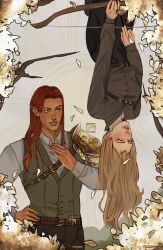 Rule 34 | 1boy, 1girl, a court of thorns and roses (series), artist logo, belt, blush, bow (weapon), branch, collared shirt, feyre archeron, foliage, highres, holding, holding bow (weapon), holding weapon, leaf, logo, long sleeves, looking at viewer, lucien vanserra, pants, pointy ears, red hair, scar, scar on face, shirt, smile, sun, tree, upside-down, vest, weapon, wwispart