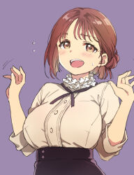black_ribbon blush breasts brown_eyes brown_hair duke_(inu_daimyou) flying_sweatdrops large_breasts myo-chan_sensei_wa_kaku_katariki open_mouth ribbon sasafune_miyoka short_hair smile sweatdrop