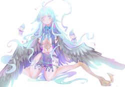 1girl ahoge bird_legs blue_hair blush breasts brown_feathers brown_wings commentary fate/grand_order fate_(series) feather_capelet feathered_wings feathers harpy highres huge_ahoge jewelry joy_ce_0309 large_breasts long_hair louhi_(fate) louhi_(third_ascension)_(fate) monster_girl necklace sidelocks solo very_long_hair winged_arms wings
