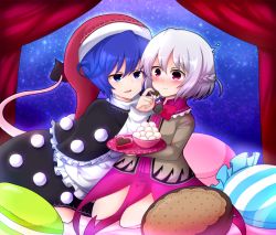 2girls black_skirt blouse blue_eyes blue_hair blush braid capelet chocolate dango doremy_sweet dress food french_braid hat jacket kishin_sagume long_sleeves multiple_girls nightcap pink_eyes pom_pom_(clothes) purple_dress seiza shiohachi shirt short_dress sitting skirt tail tapir_tail touhou valentine wagashi white_hair white_shirt yuri