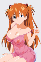 1girl alternate_breast_size arm_support ass bare_arms bare_legs bare_shoulders blue_eyes breasts camisole chemise cleavage covered_navel hair_between_eyes highleg highleg_panties highres interface_headset_(evangelion) jaaaan large_breasts leaning_forward lingerie long_hair looking_at_viewer neon_genesis_evangelion nipples no_bra orange_hair panties see-through_chemise see-through_clothes side-tie_panties sitting smile solo souryuu_asuka_langley thong twintails two_side_up underwear underwear_only very_long_hair white_background white_chemise wide_hips