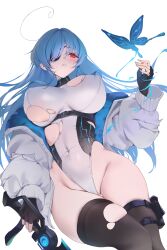 1girl absurdres ahoge bare_shoulders black_gloves black_thighhighs blue_butterfly blue_hair breasts breasts_apart bug butterfly covered_navel eyepatch fingerless_gloves from_below gloves groin hand_up highleg highleg_leotard highres holding holding_weapon holster insect jacket large_breasts leotard long_hair long_sleeves off_shoulder open_clothes open_jacket original puffy_long_sleeves puffy_sleeves red_eyes simple_background skindentation solo thigh_holster thighhighs thighs torn_clothes torn_leotard torn_thighhighs weapon white_background white_jacket white_leotard zzo_(chorizzzzo)
