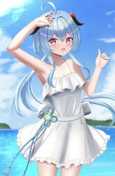 1girl absurdres ahoge alternate_costume arm_up bare_shoulders blue_gemstone blue_hair blue_nails blue_sky blush breasts cleavage cloud collarbone commentary_request cryo_symbol_(genshin_impact) day dress fingernails ganyu_(genshin_impact) gem genshin_impact goat_horns hair_between_eyes hand_up highres horns hyakuya_iori long_hair looking_at_viewer medium_breasts nail_polish open_mouth outdoors purple_eyes signature sky solo spaghetti_strap sundress sunlight twitter_username very_long_hair vision_(genshin_impact) white_dress
