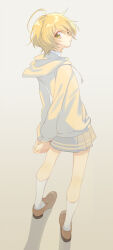 Rule 34 | 1girl, ahoge, blonde hair, brown shoes, closed mouth, collared shirt, expressionless, from behind, full body, gradient background, grey background, grey hoodie, grey skirt, hair between eyes, heke, high collar, hood, hood down, hoodie, hugtto! precure, interlocked fingers, kagayaki homare, kneehighs, l&#039;avenir academy school uniform, light frown, looking at viewer, looking back, miniskirt, own hands together, pleated skirt, pointy nose, precure, school uniform, shadow, shirt, shoes, short hair, skirt, socks, solo, standing, uwabaki, white shirt, white socks, yellow eyes