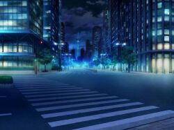 Rule 34 | artist request, building, bush, cityscape, cloud, crosswalk, game cg, lamppost, magia record: mahou shoujo madoka magica gaiden, mahou shoujo madoka magica, night, night sky, no humans, official art, outdoors, radio tower, road, scenery, sidewalk, sky, skyscraper, street