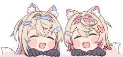 2girls :d =_hair_ornament animal_ear_fluff animal_ears animal_hands bandaid bandaid_hair_ornament blonde_hair blush blush_stickers chibi closed_eyes commentary_request dog_ears dog_girl facing_viewer fake_horns fang fuwawa_abyssgard gloves hair_between_eyes hair_ornament highres hololive hololive_english horns long_hair mococo_abyssgard multicolored_hair multiple_girls nekomotowata open_mouth paw_gloves portrait short_hair short_twintails siblings simple_background sisters smile streaked_hair twins twintails virtual_youtuber white_background x_hair_ornament