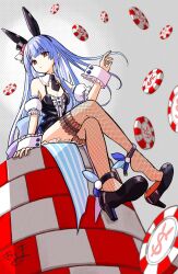 Rule 34 | 1girl, animal ears, bare shoulders, black hairband, black hat, black leotard, black shoes, blue hair, breasts, center frills, cleavage, closed mouth, commentary request, crossed legs, detached sleeves, fake animal ears, fishnet thighhighs, fishnets, frills, hairband, hat, high heels, highres, hololive, kiritoma, leotard, long hair, mini hat, mini person, mini top hat, minigirl, poker chip, puffy short sleeves, puffy sleeves, rabbit-shaped pupils, rabbit ears, red eyes, shoe soles, shoes, short eyebrows, short sleeves, signature, sitting, small breasts, solo, symbol-shaped pupils, thick eyebrows, thighhighs, tilted headwear, top hat, usada pekora, usada pekora (furi furi bunny dress), very long hair, virtual youtuber, white sleeves, wrist cuffs